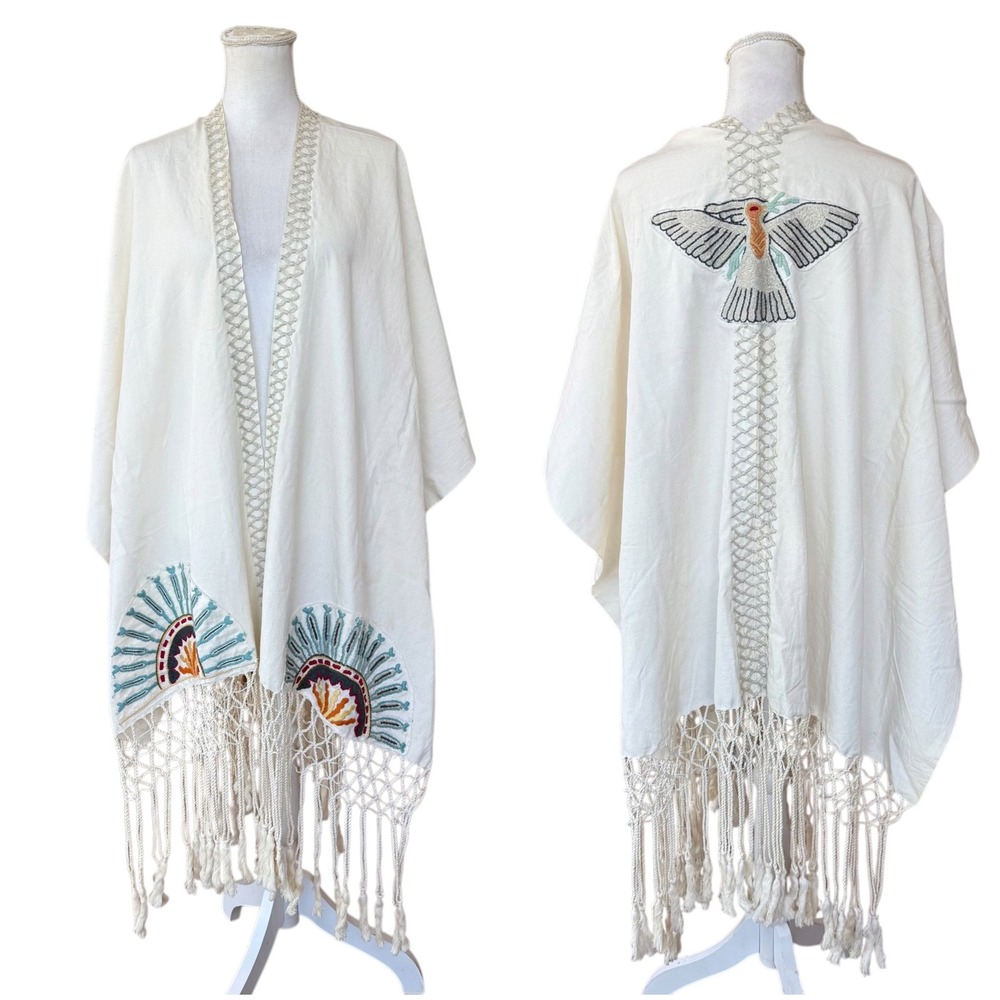 Boho Embroidered Bird Kimono Wrap Off White Fringe Crochet Open Front One Size